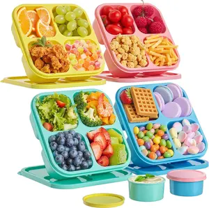 4 Pcs Snack Box Containers Set, Reusable 4 Compartment Lunchable Container with 2Pcs Sauce Containers, Stackable BPA-Free Bento Box for School, Work, Travel (4 Color) Kids Tableware