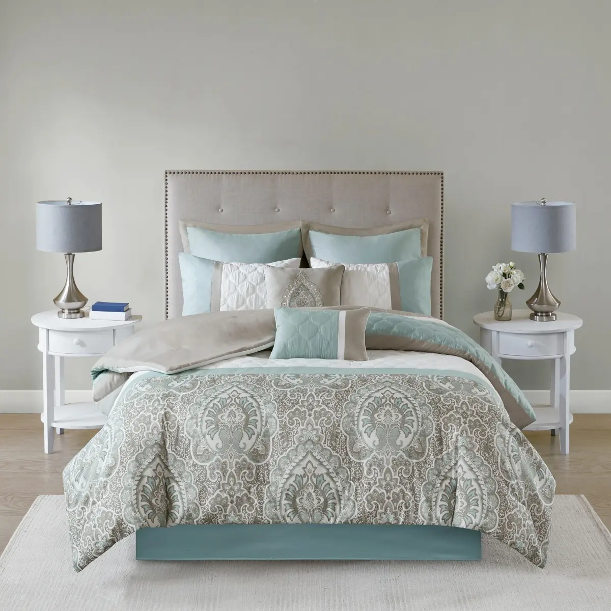 212 MAIN 510 Design 5DS10-0052 Josefina Damask Print Comforter Set, Blue - Cal King, 8-Piece Reptile & Amphibian Decoration, Soft, Microfibre