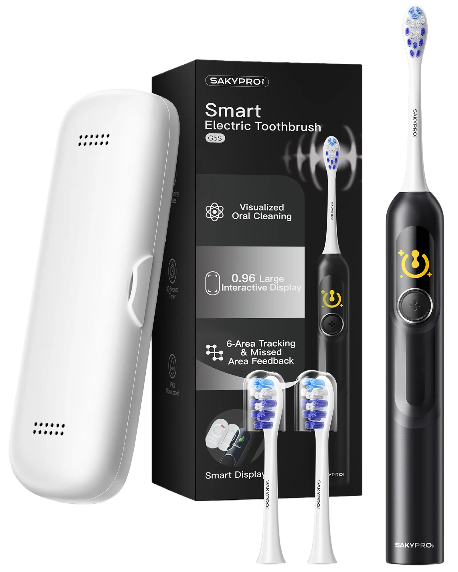 【SAKYPRORAL】 AI Electric Toothbrush with Smart Display for Adults Kids | 150-Day Rechargeable Toothbrush, Real-Time Map |3-Min Timer, Travel Case | Teens Sonic Toothbrush Gift (G5S Black)