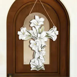 Rustic Style Artificial Wood Easter Lily Cross Design Door Wall Hanging Decor, Religious Jesus Christian Wreath Decoration for Spring Home Church Porch