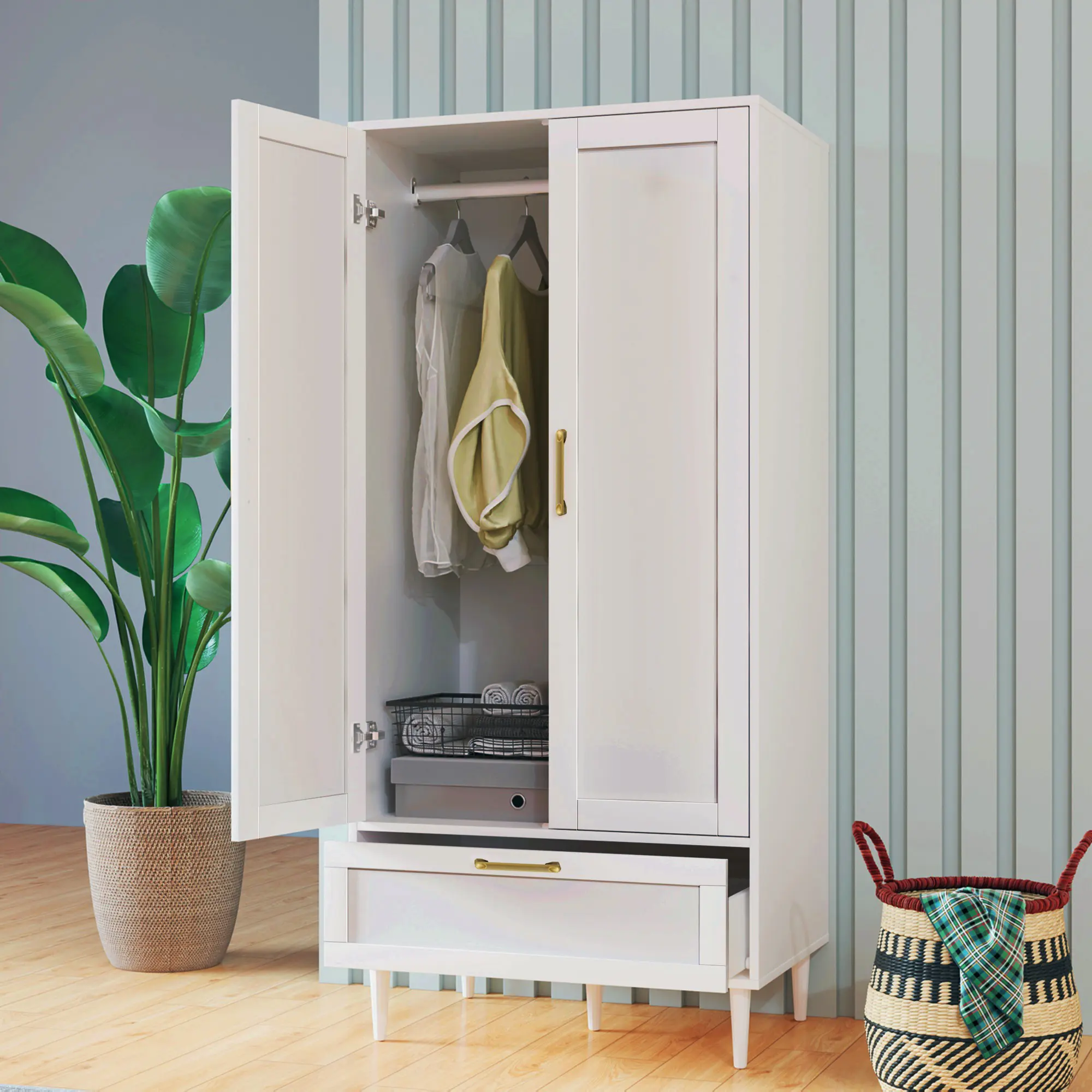 Glam Modern Wood Armoire Wardrobe Organizer - 60" H Freestanding Closet System with 2 Doors, 1 Drawer, Hanging Rods, Gold Handles for Bedroom Clothes Storage, Closet Organization & Clever Wardrobe Ideas