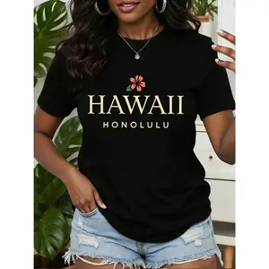 Women's Short-Sleeve Top HAWAII HONOLULU Hibiscus Flower Hawaiian Resort Style Print Round Neck Machine Washable Comfortable Soft Breathable Suitable for Spring, Summer, and Autumn New Recommended Loose Casual Popular