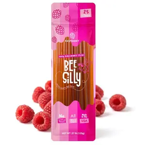 Bee Silly Flavored Honey Sticks - USDA Grade Single Serve Straws, Only 15 Calories Each - Pure Natural Ingredients, No Artificial Colors or Additives - Portable Energy Snack for Kids (25 pack, Raspberry)