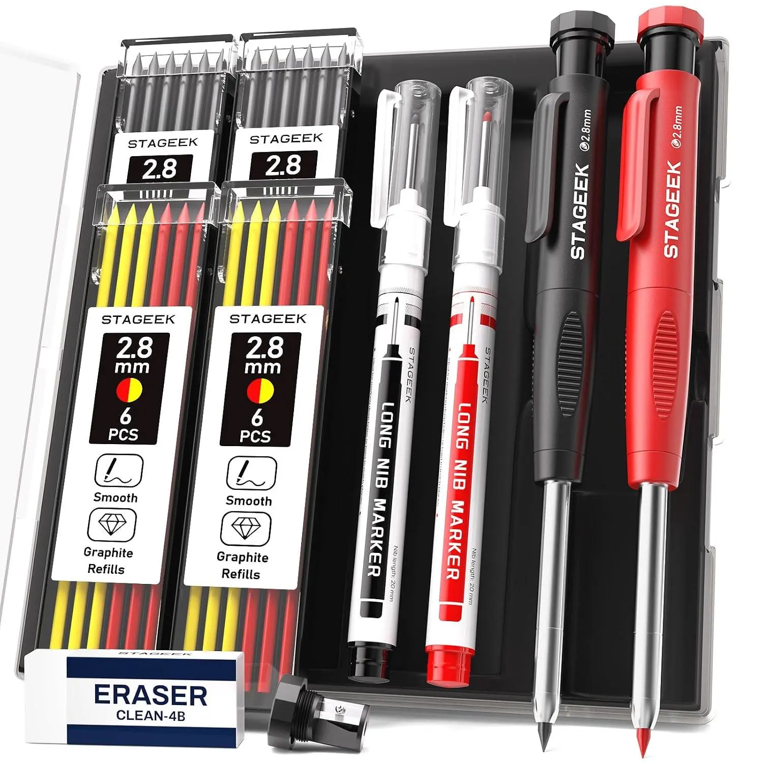 STAGEEK 2.8mm Carpenter Pencils with Sharpener, 2-Pack, Storage Case | 26 Refills, Deep Hole Long Nib Marker, Waterproof Heavy Duty Woodworking Tools for Architect Construction Electricians