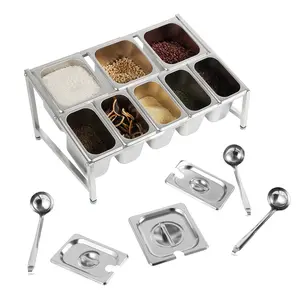 Stainless Steel Expandable Spice Rack with 8 Pans Lids Spoons 66lbs Load Capacity Adjustable Length for Kitchen Cafe Restaurant Commercial Home