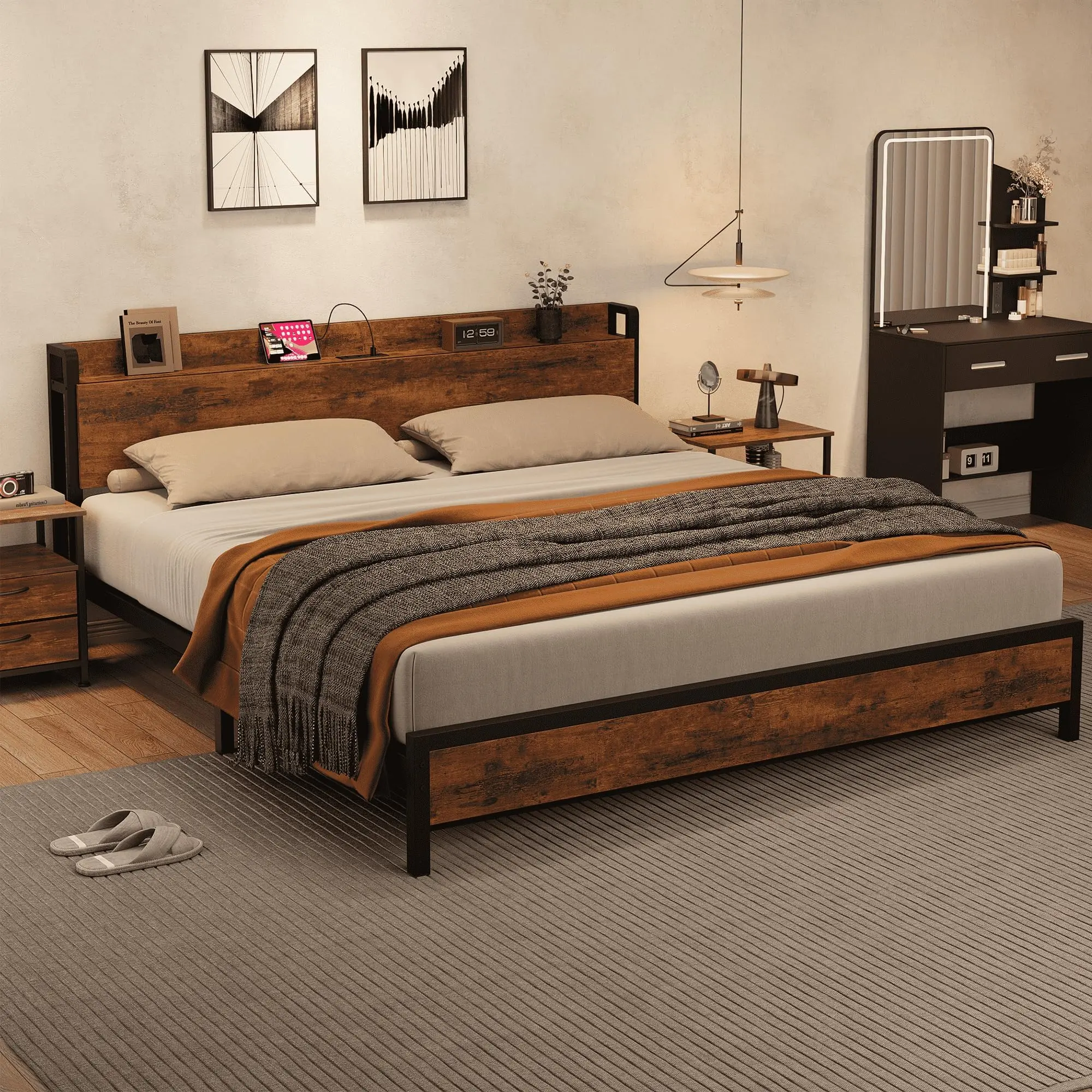 Garvee King Size Bed Frame with Storage Headboard, Industrial Style Platform Bed with Built-in Charging Station and USB Ports, No Box Spring Needed, Easy Assembly, Rustic Brown Finish