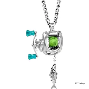 Mini Fishing Reel Necklace Functional Rotating Line Guide Pendant Goth Punk Aesthetic Jewelry Fishermen Angler Father Day Boyfriends Gift