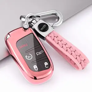 Car Key Case, Soft TPU Car Key Protector with PU Leather Keychain, Key Protector for Jeep Grand Cherokee Renegade Compass Wrangler, Smart Key Case, Car Key Holder