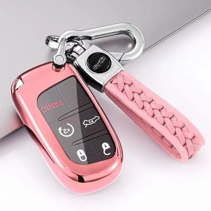 Car Key Case, Car Key Cover, Soft TPU Car Key Protector with PU Leather Keychain, Key Protector for Jeep Grand Cherokee Renegade Compass Wrangler, Smart Key Case, Car Key Holder, Car Key Accessories, Key Covers For Car Keys
