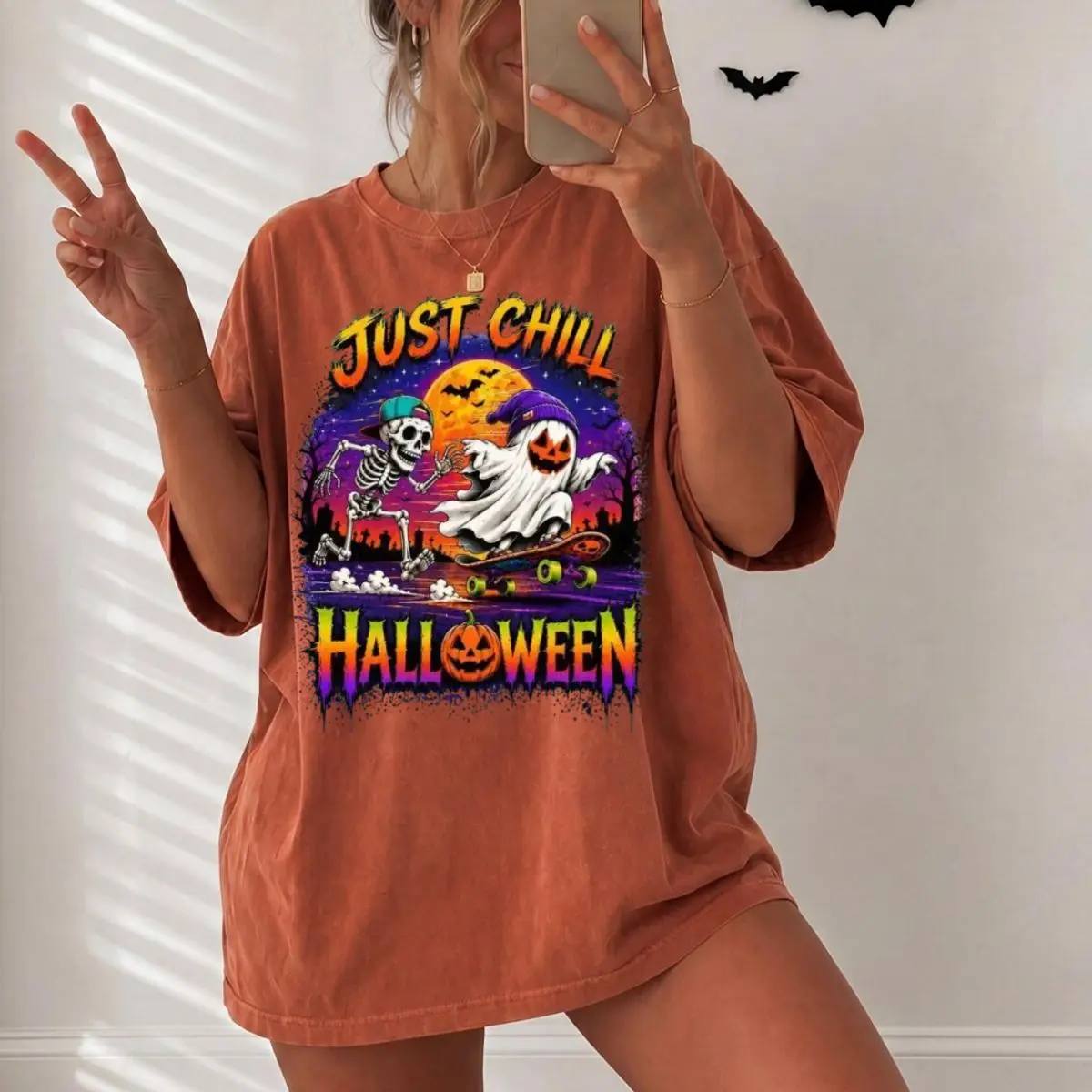 Comfort Colors Just Chill Halloween Shirt | Ghost Skeleton Skateboarding Graphic Tee | Spooky Pumpkin T Shirt | Halloween Lover Gift, Unisex Short Sleeve Tee, Crewneck Top