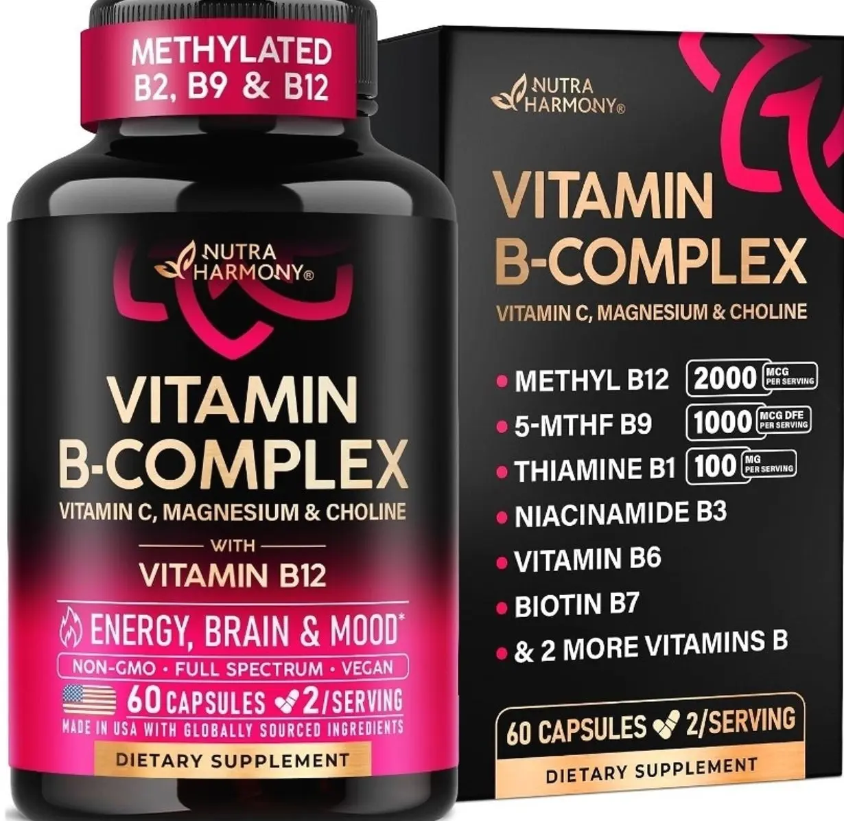 Vitamin B Complex for Men & Women - Full B-Complex & Vitamin B12 - 60 Caps | B1, B2, B3, B5, B6, B7, B9, B12 with Vitamin C, Magnesium, Choline, Inositol - Energy, Brain & Mood Support Supplement