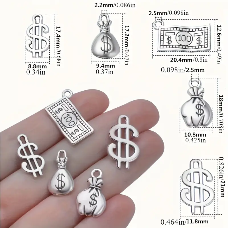 Antique Silvery Dollar Sign Money Bag Charms - 50pcs, 5 Unique Styles, Mini Trinket for DIY Bracelet, Necklace Jewelry Making & Handmade Decoration