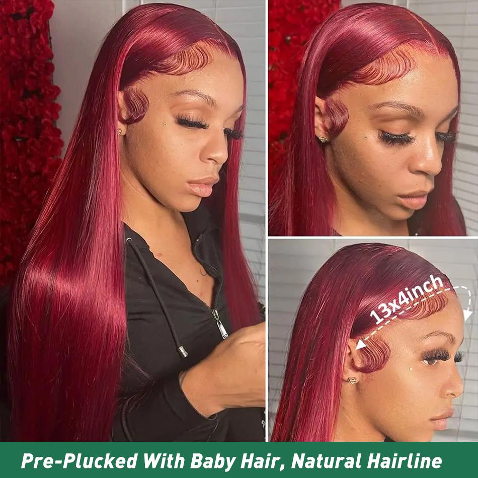 Burgundy Wig Human Hair Bone Straight 13x6 13x4 HD Transparent Lace Wig 99J Red Human Hair Wig Colored Reddish Brown Lace Frontal Wigs 180% Density Pre Plucked