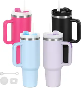 4 Pack 40 Oz Tumblers with Handle Bulk, Double Wall Vacuum Insulated Stainless Steel Tumblers with Lid and Straw, 40 oz Cups with Silicone Spill Proof Stopper Set (Black,Sky Blue,Purple,Hot Pink) Water Bottles Drinkware