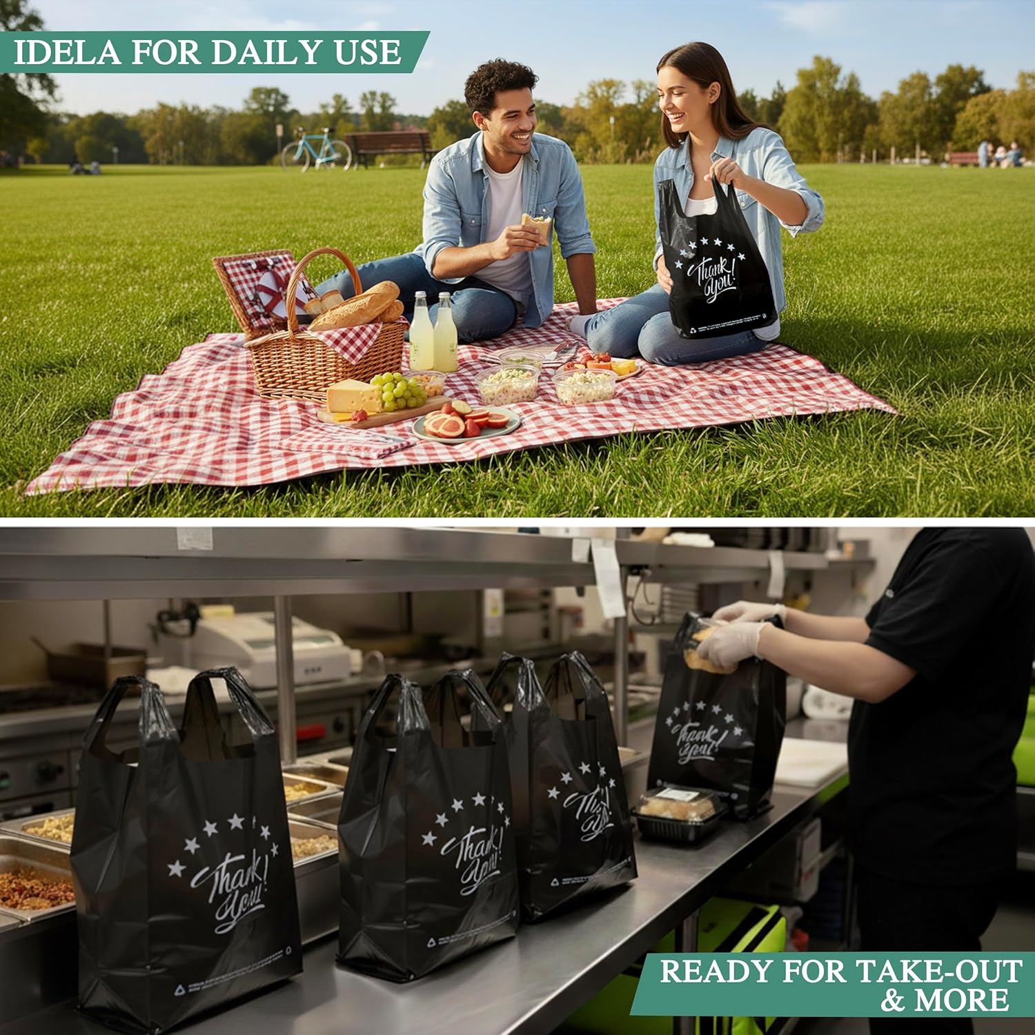 100 PCS Black Thank You T Shirt Bags, 11x6x21 Inch Grocery Shopping Bags, Reusable Disposable Plastic Supermarket Bags, Carry Out Retail Takeout Bags