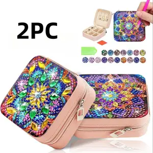 2-piece diamond painting set with zipper Makeup Organizer Pouch, Makeup Bag Set, safe and practical. Mandala flower-themed diamond painting and diamond Mosaic makeup box, DIY large capacity, suitable for ladies' festival gifts, Ramadan Festival gifts
