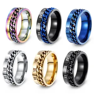8mm Stainless Steel Anxiety Spinner Ring for Men, Rotating Biker Chain Band with Roman Numerals, Colorful Black Golden Blue Silver Tone, Valentine's Day Gift, Birthday Gift for Him and Her