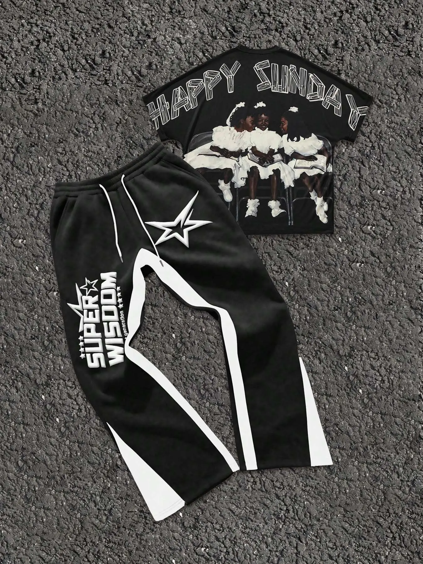 Super Wisdom Graphic Prints Suit, Loose-Fitting Street Style, Base Pattern, Perfect for Daily Wear & Boarding