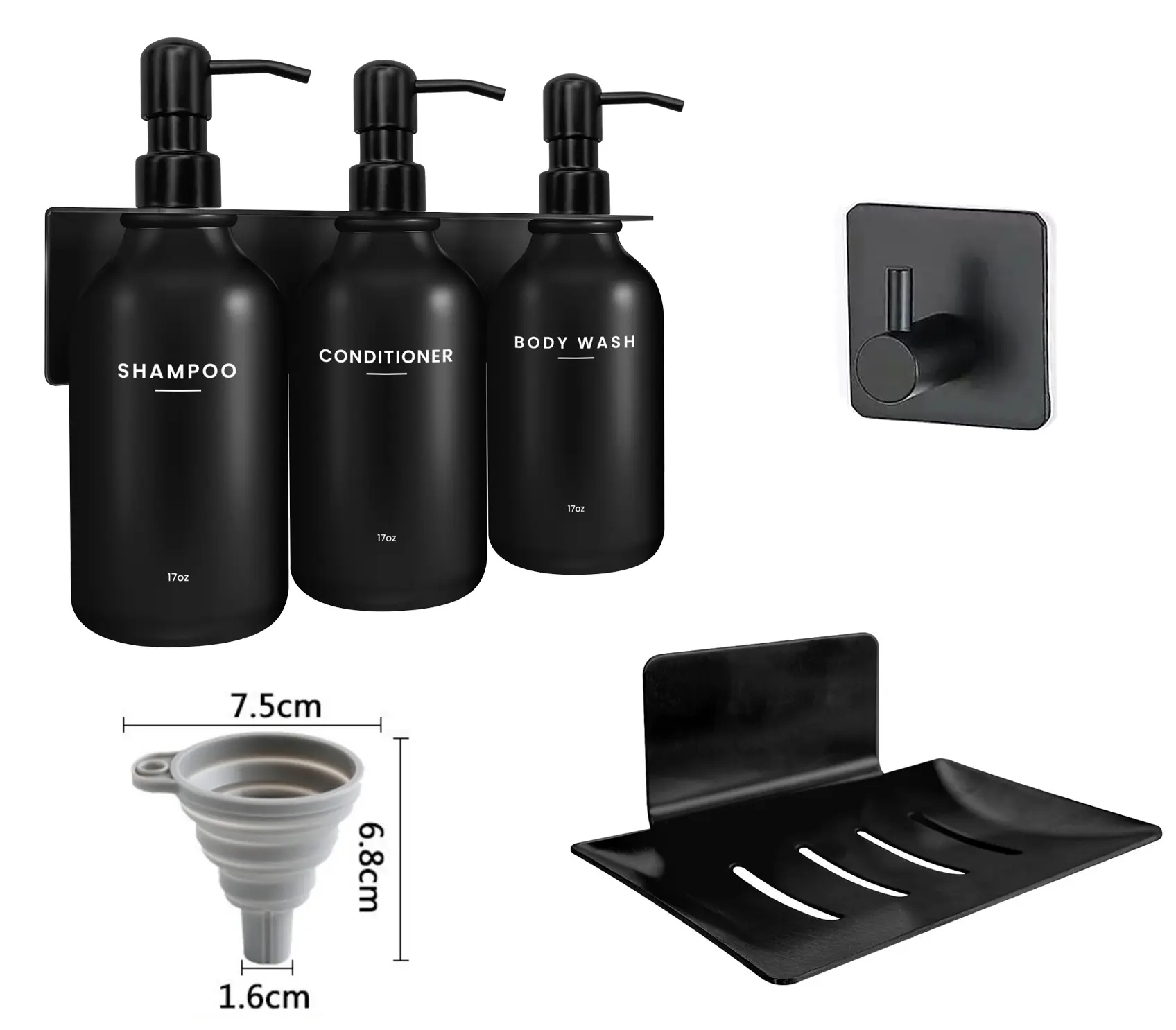 Multifunctional Black Bathroom Wall Mount Shampoo and Conditioner Dispenser Set - 17oz (500ml) Durable Press Pump Bottles, Rustproof No-Drill Storage Solution with Shower Shelf, Soap Dish, Refillable Plastic Hook