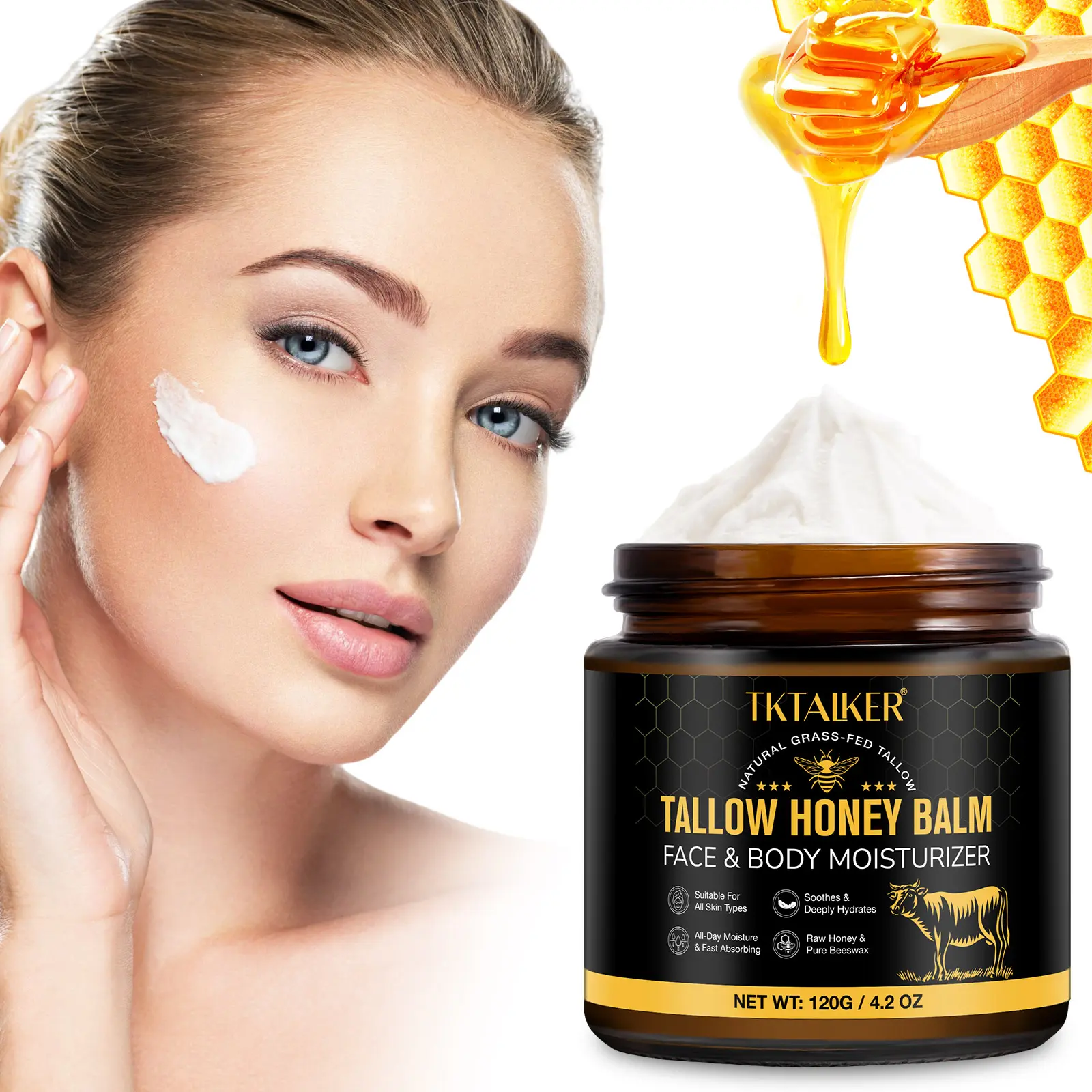 TKTALKER Organic Grass-Fed Beef Tallow Balm with Raw Honey Handmade All-Natural Moisturizer for Soft,Smooth,Radiant Skin