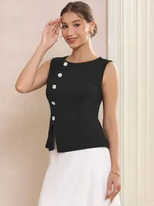INSPIRE CHIC Women's Sleeveless Formal Top Button Decor Round Neck Cropped Peplum Vest Tops