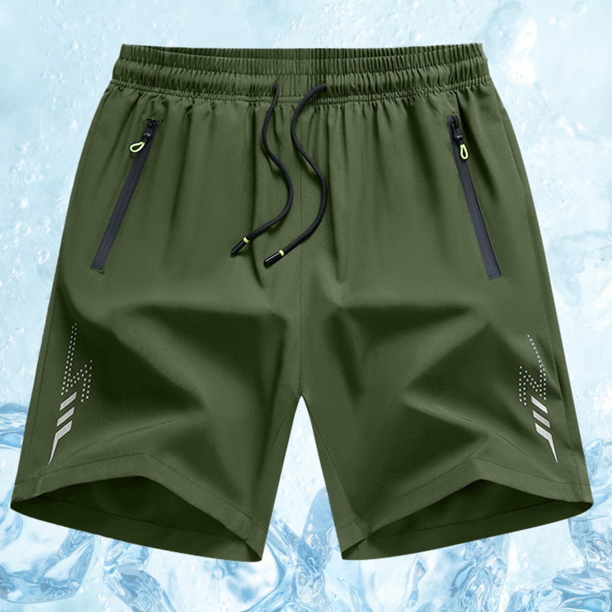 Pack of 4 men’s plus-size athletic shorts, loose fit, comfortable sports fabric, zippered pockets, solid color, slight stretch—ideal for night running, casual wear, beach trips, everyday commuting, and plus-size workwear.