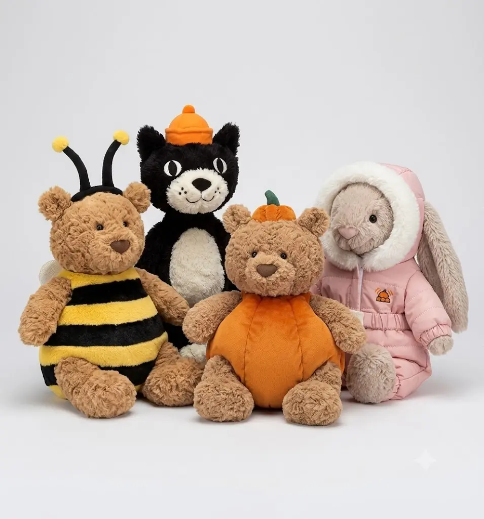 Cute Costume Teddy Bear Plush, Pumpkin Bear, Bumble Bee Plushie, Black Cat, Soft Stuffed Animal, Halloween Fall Gift for Kids, Keychains