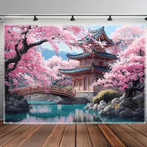 1 oversized Japanese Sakura Pagoda Tapestry - Korean/Chinese Hanok and Pagoda Design - Soft Anti-Wrinkle Fabric - high definition wallpaper style wall decoration for living room, bedroom, office - with easy hanging clips - interior decoration