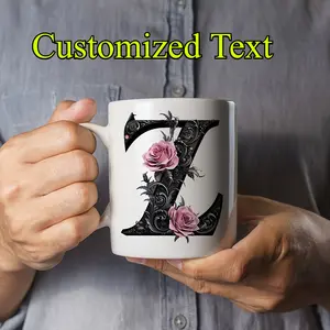 2026  A Black Letter Floral A-Z Printed Coffee Mug, Featuring Pink Flowers, Suitable for Office And Home Use, Multi-Colored Coffee Cup, Letter Ceramic Coffee Mug, Perfect Birthday Gift for Women, Mothers, Best Friends, Brides, Bridesmaids, White Tea Cup