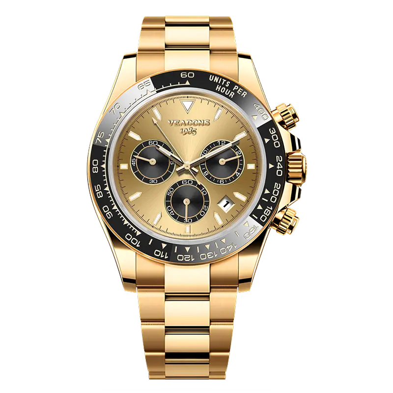 VEADONS 1985 Full Gold Chronograph Watch for Men, Gold Dial Racing Wristwatch, Stainless Steel Waterproof Business Luxury Sports Watch