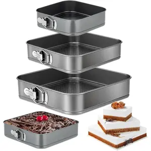 Springform Cake Pan Set of 3 (4, 7, 9 Inch) Square Leakproof Nonstick Cheesecake Pans with Removable Bottom Carbon Steel Bakeware