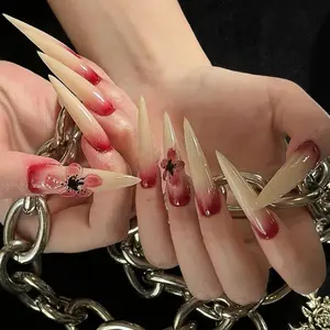 Bloody Vampire Press On Nails, Extra Long Stiletto Nails, Red Ombre Fake Nails with 3D Flower for Halloween Cosplay