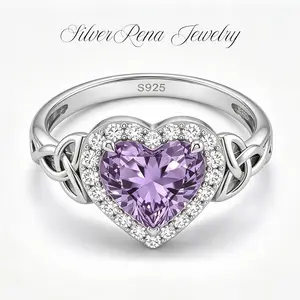 925 Sterling Silver Heart Amethyst Ring, Celtic Trinity Knot Band, Heart Cut Amethyst with CZ Halo, Hypoallergenic Promise Ring, Witchy Love & Protection Amulet, Purple Crystal Statement Jewelry for Women, Engagement & Valentine's Day Gift