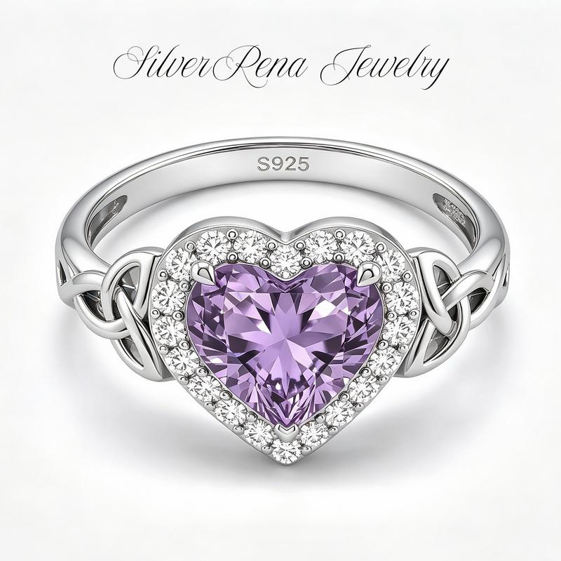 Women's 925 Sterling Silver Heart Shaped Ring - Celtic Trinity Knot Band, CZ Halo, Hypoallergenic Classic Crystal-Accented Witchy Jewelry, Heartcut Amethyst Promise Ring for Female GF, Valentine’s Day Gift