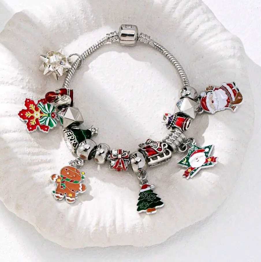 Enameled Gingerbread Man Santa Christmas Tree Charm Bracelet Holiday Festive Jewelry Gift for Women Girls