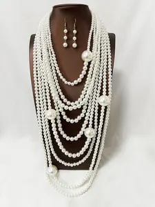 Exaggerated Long Pearl Multi-Layer Necklace Set, Fashion Jewelry, Stylish Accessories for Women, Elegant Beaded Necklace