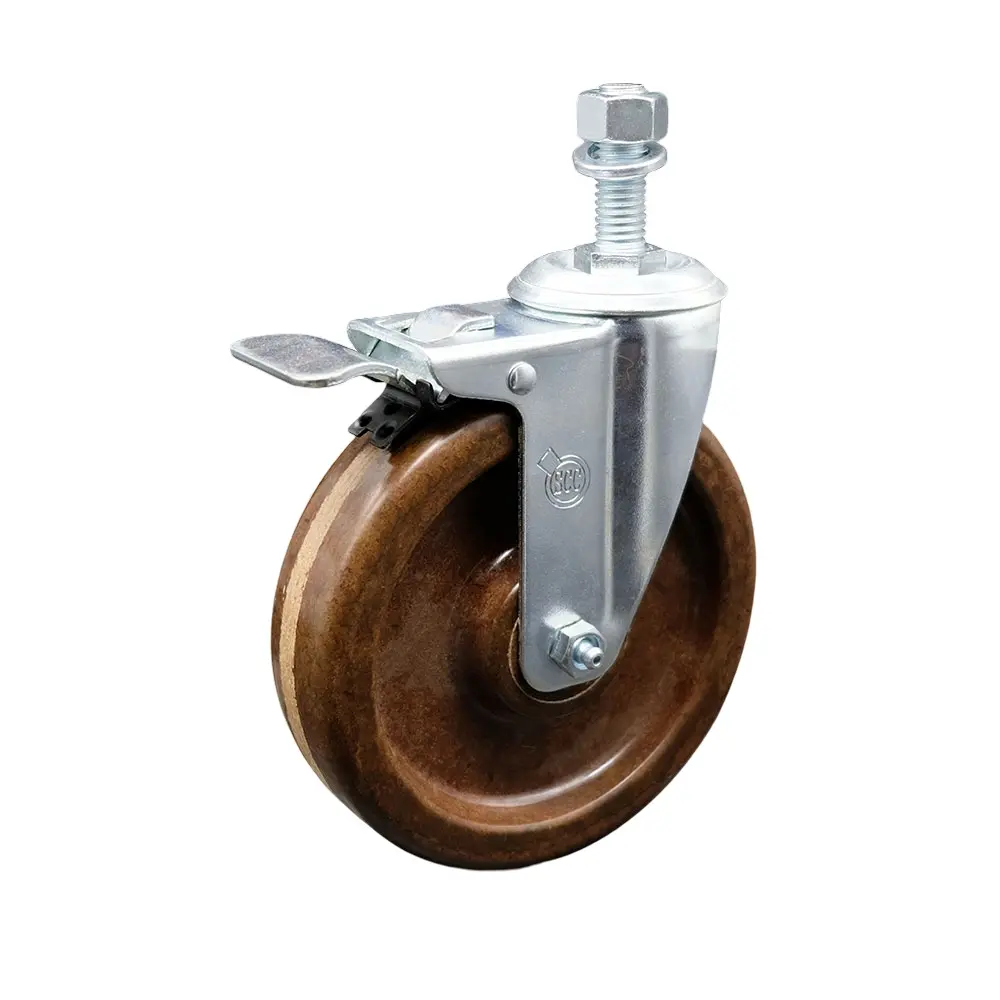 212 MAIN Heavy Duty Industrial Swivel Threaded Stem Caster (SCC-TSTTL20S615-PHSHT-121315) - 300 lbs Capacity, High-Temp Phenolic, 6x1.5 in Brown Lockable Wheels, 0.5 in Stem, Total Locking Brake, for Bakery Racks, Swivel Wheels, 6 X 1.5 In, Casters, Equip