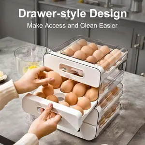 Double Drawer Egg Storage Box – 32-Egg Capacity Stackable Fridge Organizer, Smooth Sliding Drawers, Durable & BPA-Free (Beige)