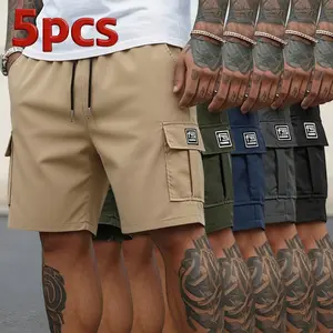 5-Pack Men’s Quick-Dry Cargo Shorts, Lightweight Multi-Pocket Casual Shorts with Elastic Drawstring Waist, Loose-Fit Work Shorts for Outdoor Hiking, Daily Commute & Streetwear Fashion
