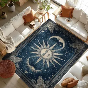 Vintage Moon Star Pattern Living Room Rug, Classical Style Bedroom Bedside Mat, Durable Non-Slip Office Decorative Blanket