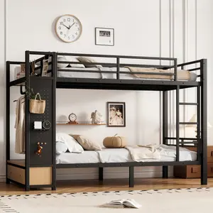 Twin XL over Twin XL size Metal Bunk Bed for Teens  with Storage Shelves ,Drawers and Pegboard,Black