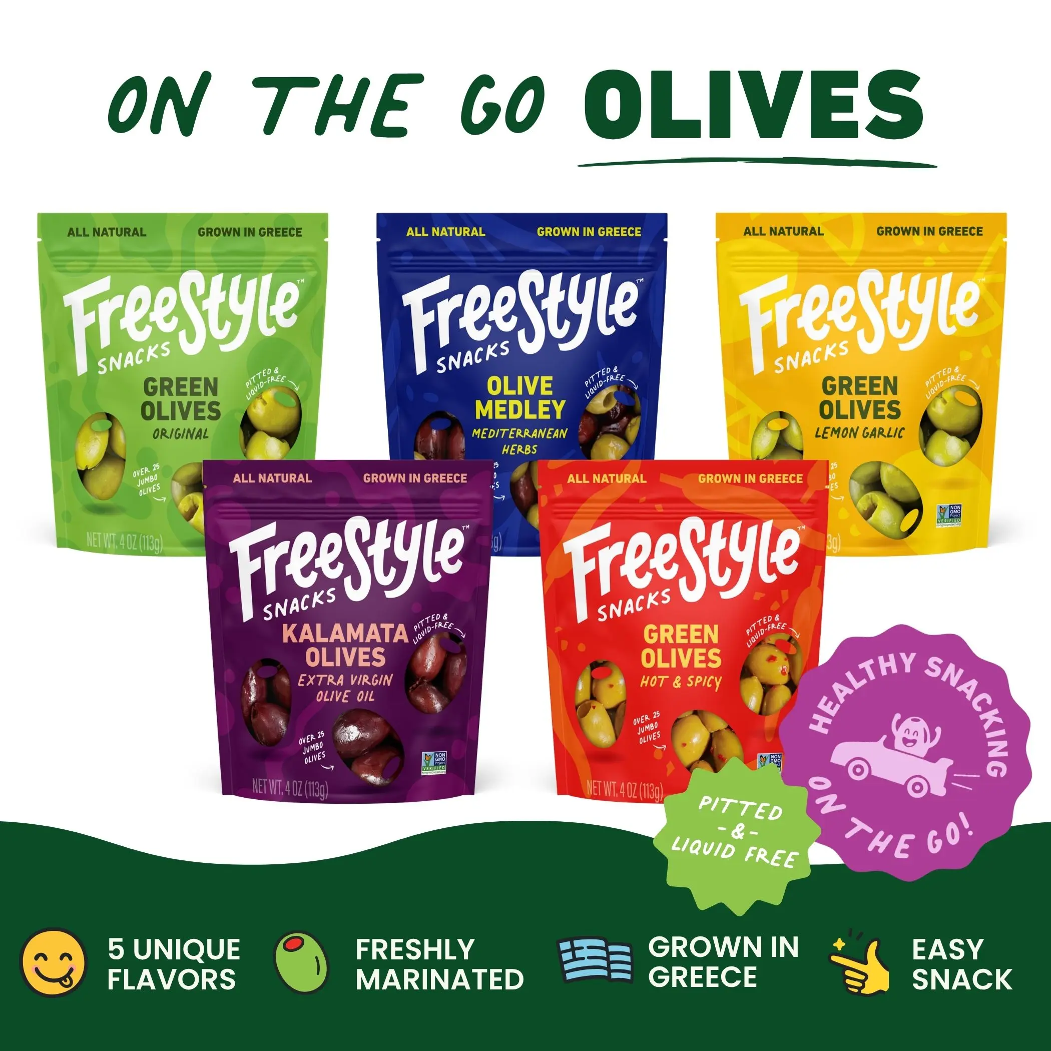Freestyle Snacks Olive Variety 5-Pack – All Natural, Low-Calorie Ambient Food Snacks, 1 Bag Each Flavor: Green Olive, Lemon Garlic, Mediterranean Herb, Kalamata, and Hot & Spicy