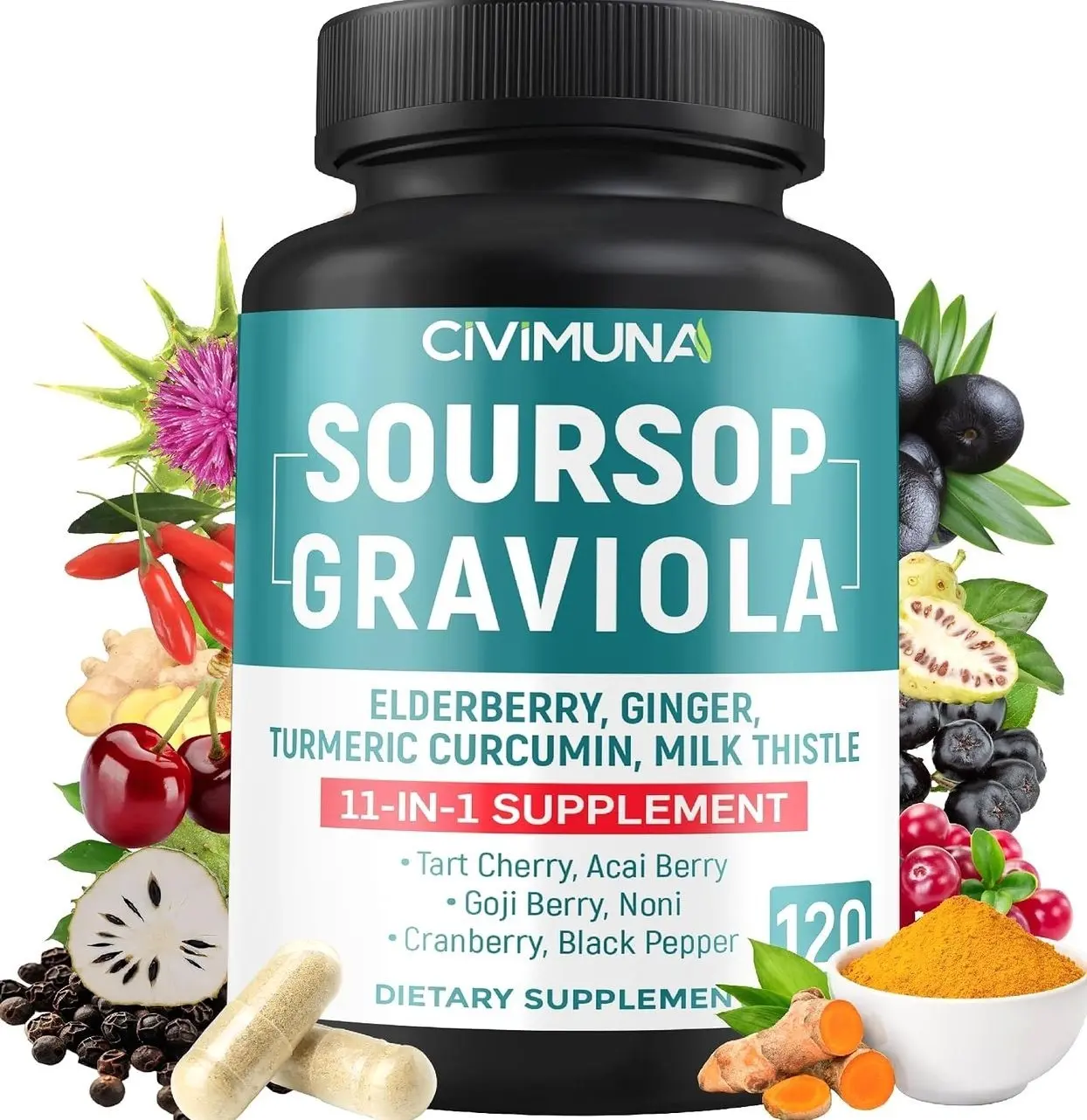 Soursop Graviola Capsules with Elderberry, Turmeric, Ginger, Milk Thistle, Tart Cherry and More - 120 Capsules for 4 Months Supply