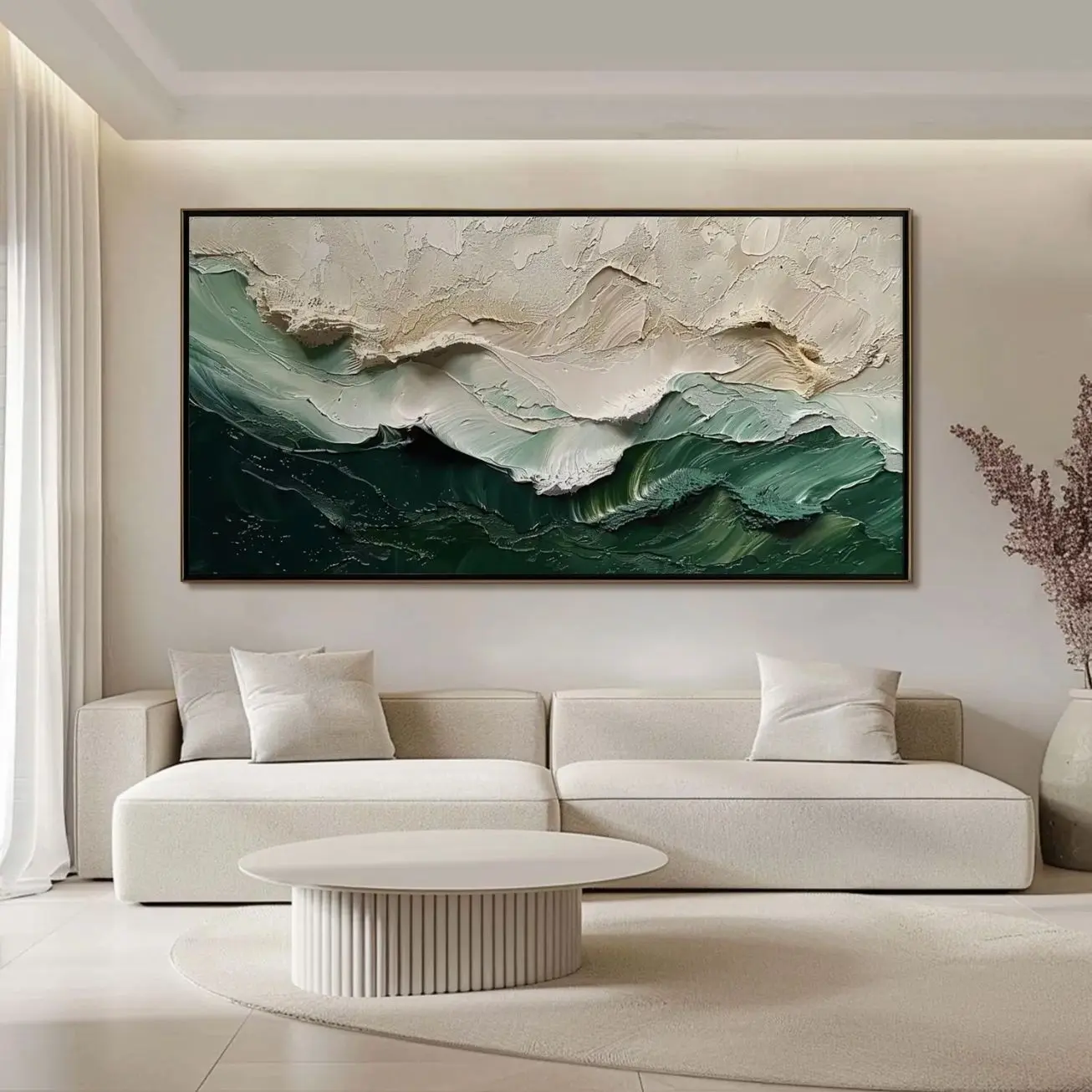 Textured Ocean Wave Wall Art Print, 3D Impasto Beach Poster, Minimalist Green Beige Coastal Living Room Decor | Frameless Poster H