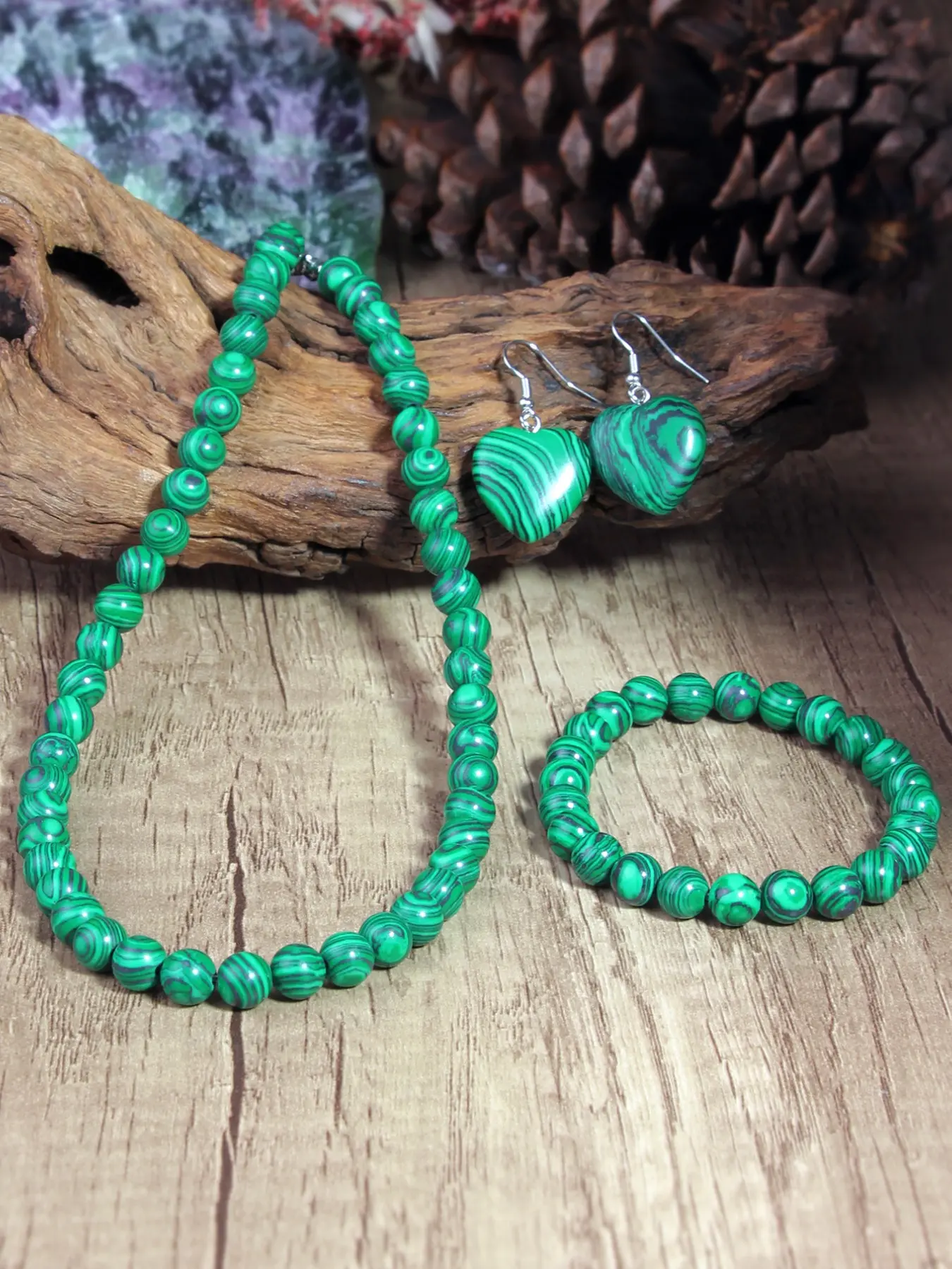 Vintage Women's Jewelry Set, Malachite Necklace Bracelet Earrings, Bohemian Ethnic Handmade Jewelry, Summer Party Gift, Mother's Day Graduation Gift