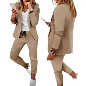 2026 New Casual Suit Women's Blazer Set Formal Womenswear Elegant Polyester Acrylic Jacket & Pants Outfit for All Seasons Chic Medium-Length Top Notched Neckline Ruched Details