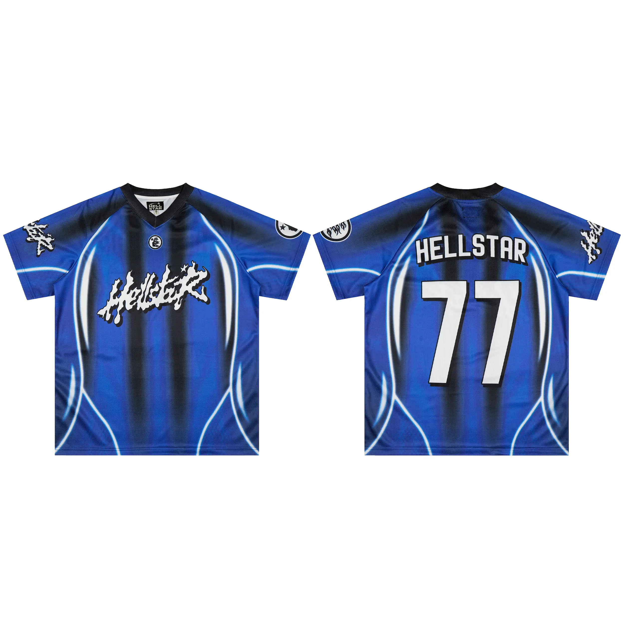 2026 HELLSTAR Certified Authentic Football Jersey Graphic V-Neck Blue Black Striped Standard Fit Shirt