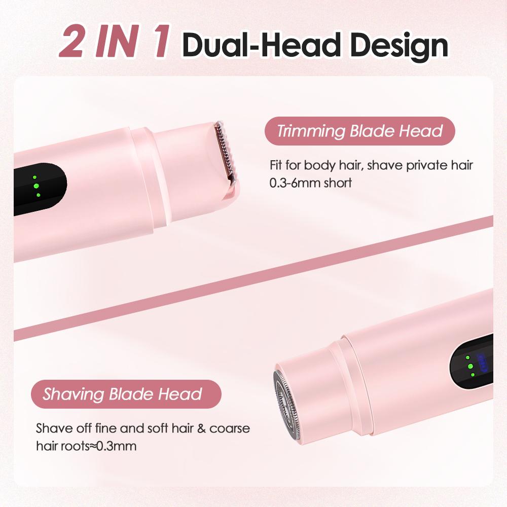 Women's 2-in-1 Dual-Head Electric Shaver Trimmer Hair Remover - Rechargeable Painless Device with IPX7 Waterproof Detachable Stainless Steel & Ceramic Heads, Wet Dry Portable PC Charger Compatible for Face, Bikini Area