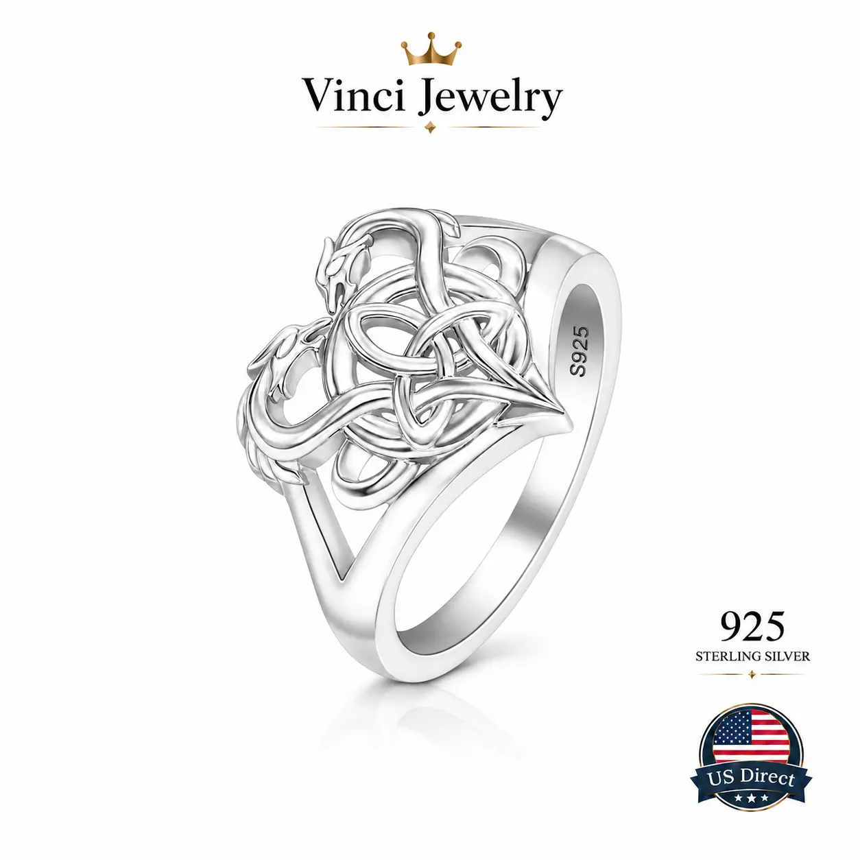925 sterling silver Dragon Celtic Knot Ring for Women and Men Vintage Norse Viking Jewelry Adjustable Silver Color Open Band Gothic Fantasy Gift for Birthday Anniversary Halloween Daily Wear Renaissance Festival Medieval Style