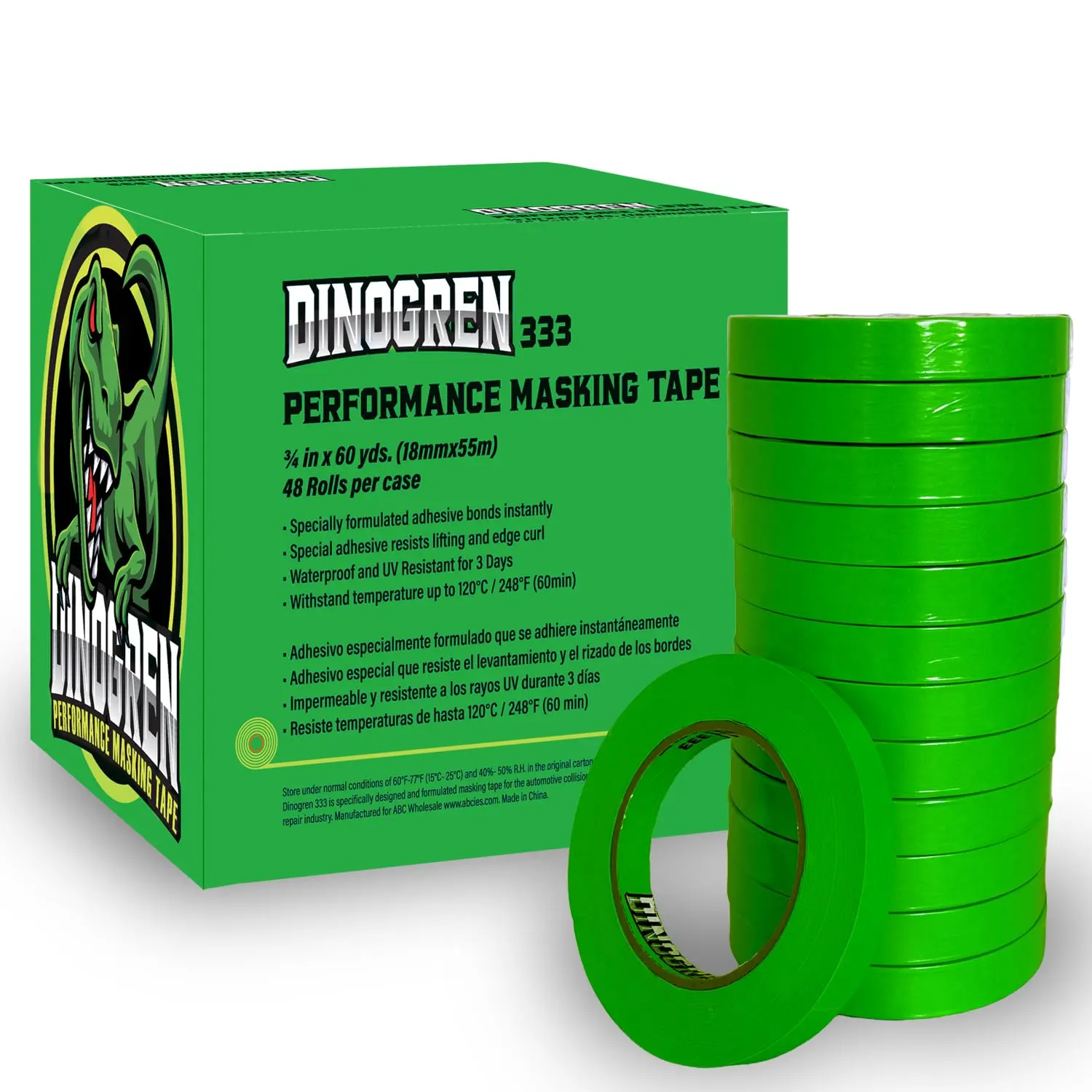Lauco DINOGREN 333 High-Performance Crepe Paper Adhesive - Water Resistant Automotive Refinish Masking Tape, 0.75in x 60yd, 48 Rolls, Clean Removal No Residue for Automotive Body Shops